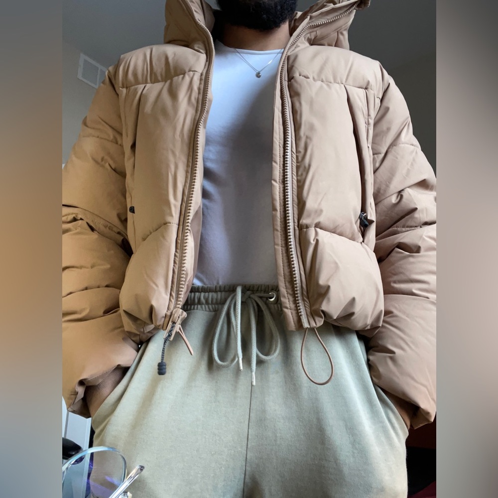 ASOS DESIGN puffer jacket with hood in camel